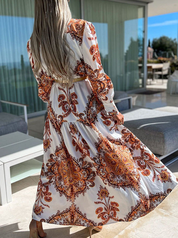 Women's Woven Loose Vintage Style Vacation Long Sleeve Dress