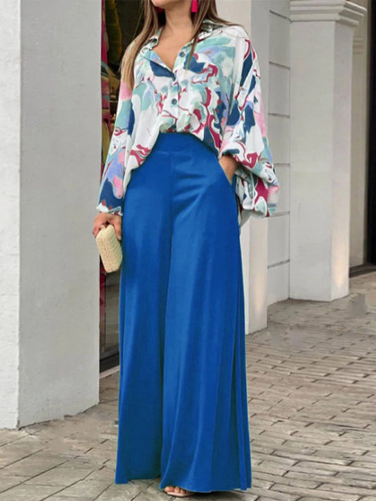 Women's Printed Long Sleeve Button Front Closure With Wide Leg Pants Set
