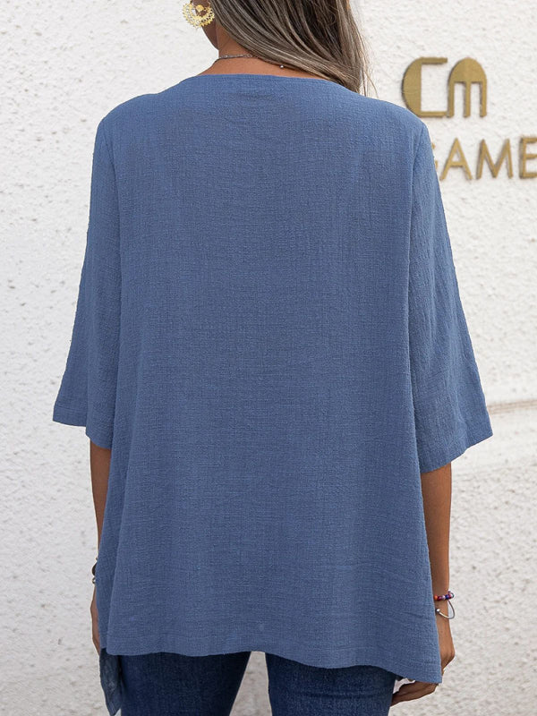 Women's Cotton Linen Round Neck Irregular Shirt Half Sleeve Top