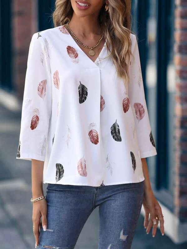 Women's Woven V-Neck Feather Print Cropped Sleeve Loose Blouse
