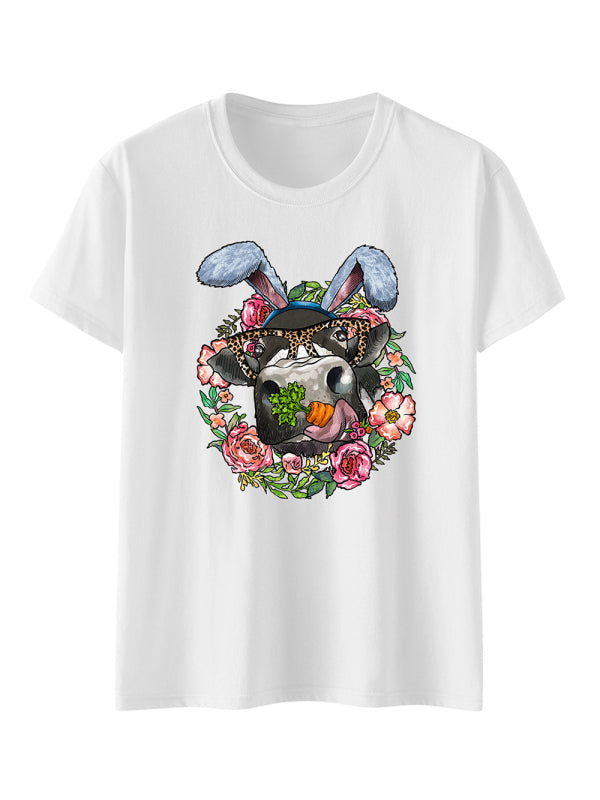 Women's Floral Print Graphic Happy Easter Rabbit Print Short Sleeve T-shirt