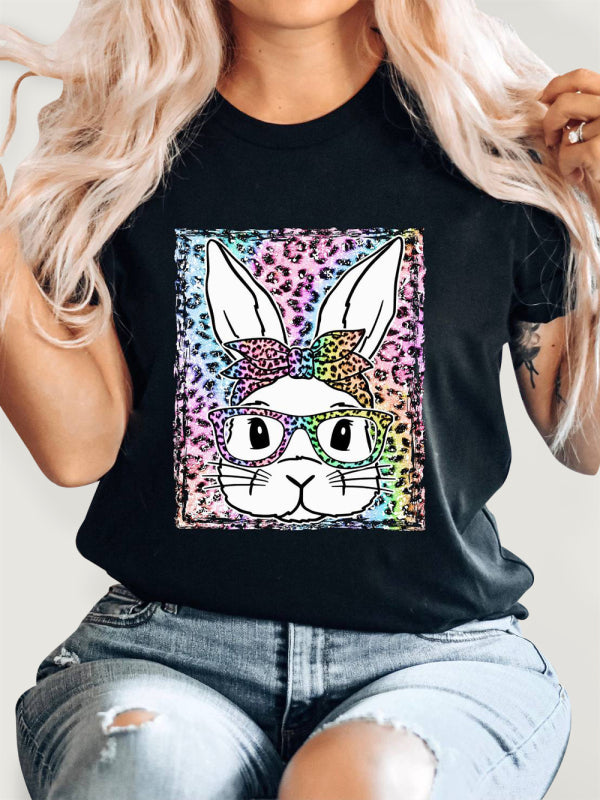 Women's Leopard Rabbit Graphic Print Short Sleeve T-shirt