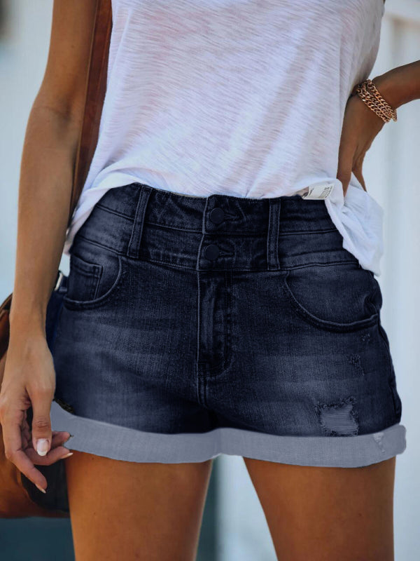 Trendy ripped rolled edge elastic high waist denim shorts women's hot pants