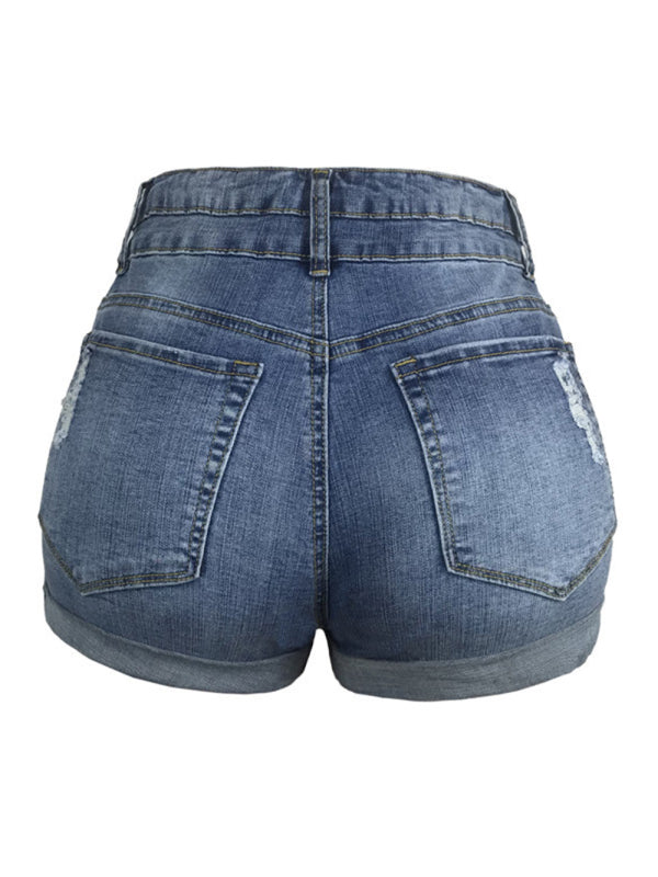 Trendy ripped rolled edge elastic high waist denim shorts women's hot pants