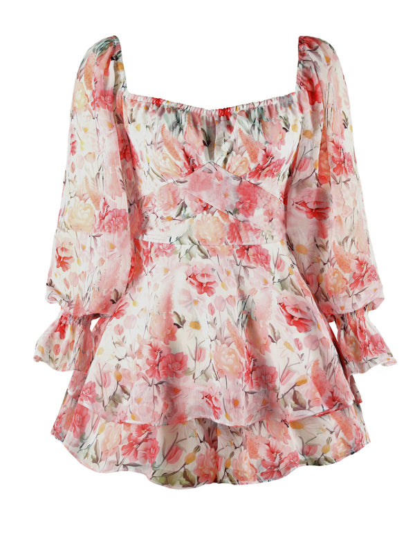 Women's Floral Print Sweetheart Puff Sleeve Rompers