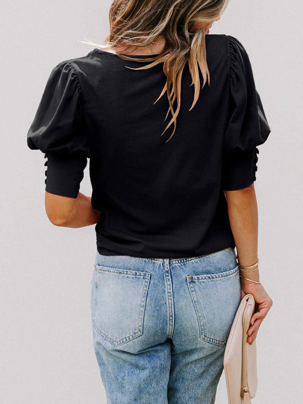 Women's Solid Color Puff Sleeve Crew Neck Blouse