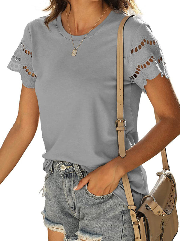 Women's Solid Color Lace Sleeve Knit Top