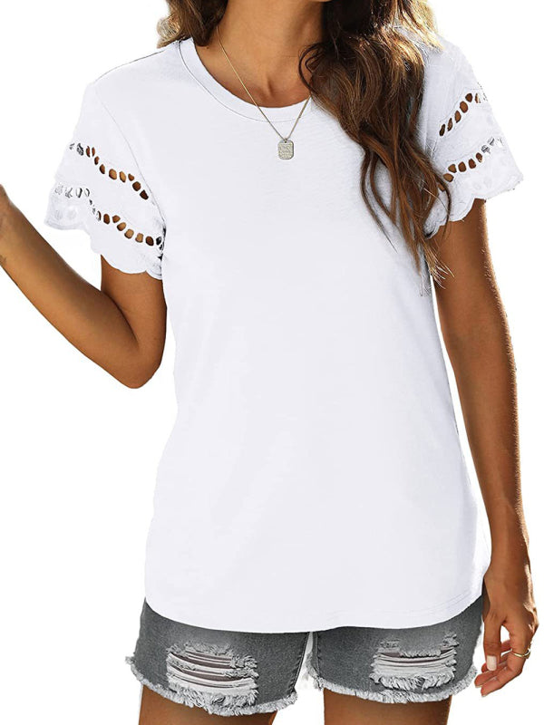 Women's Solid Color Lace Sleeve Knit Top