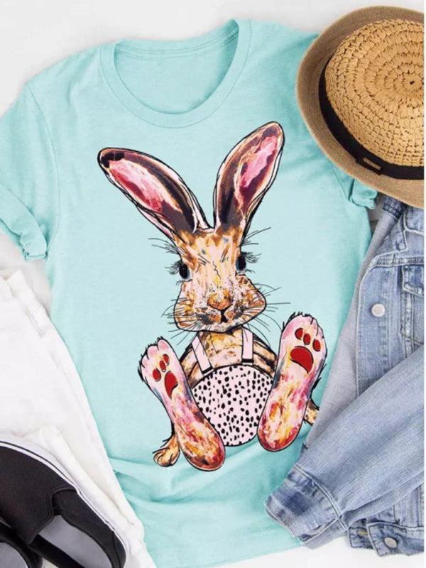 Women's Bunny With Leopard Print T-shirt Easter Short Sleeve Graphic Tees