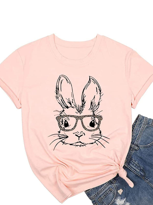 Women's Bunny With Leopard Print T-shirt Easter Short Sleeve Graphic Tees