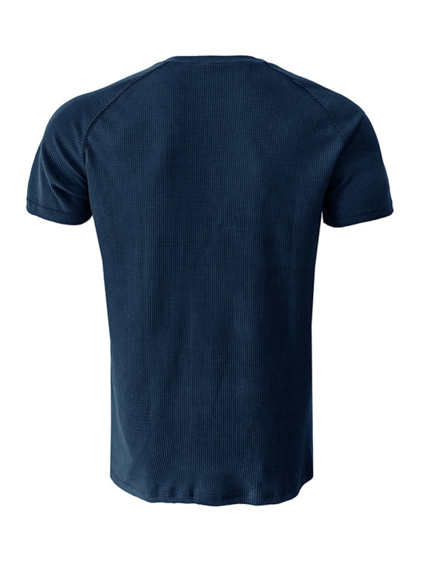 Men's knitted round neck all-match casual waffle raglan sleeve short-sleeved T-shirt