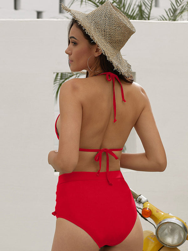 Women's Pom-pom Sheer Mesh Insert High Waist Bikini Swimsuit Set