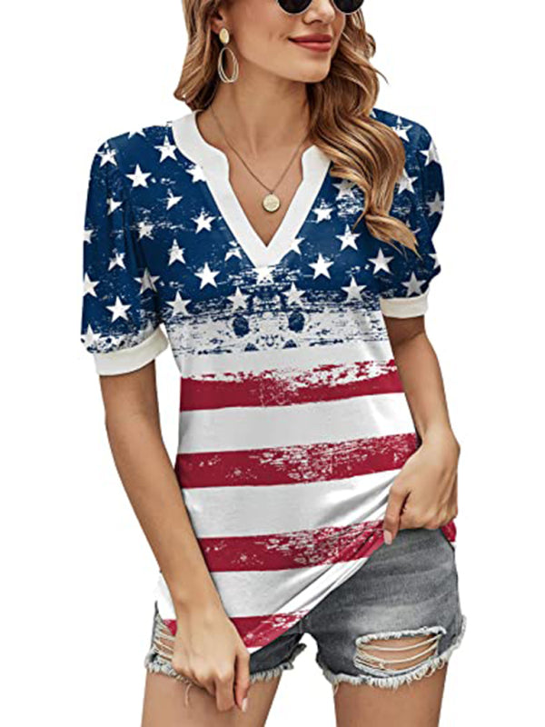 Women's American Flag Print Puff Sleeve Tee