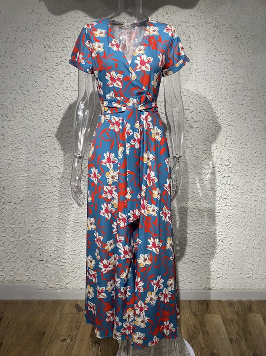 Women's Sexy Lace-Up Printed Waist Slit Dress