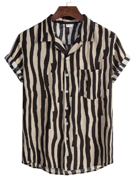 Men's Stripe Print Short Sleeve Linen Button-Up Shirt
