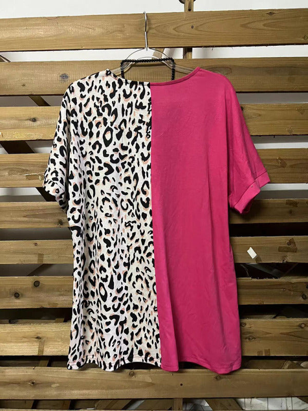 Women's short-sleeved leopard print contrast color v-neck loose pullover