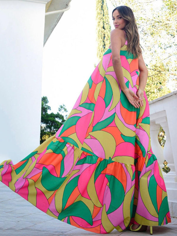 Women's Color Block Print Cover-Up Ruffle Hemline Maxi Dress