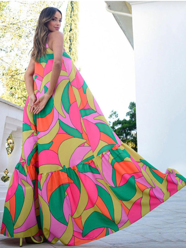 Women's Color Block Print Cover-Up Ruffle Hemline Maxi Dress