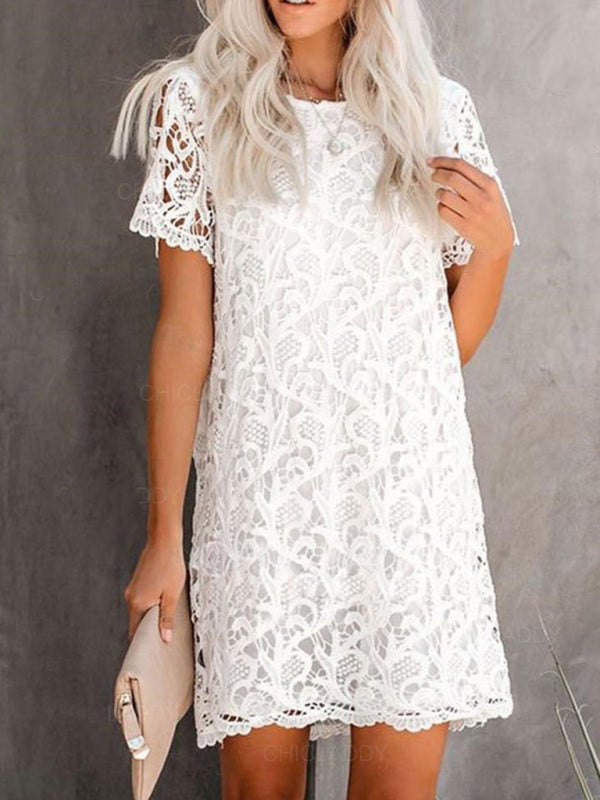 New casual and elegant round neck hollow lace midi dress