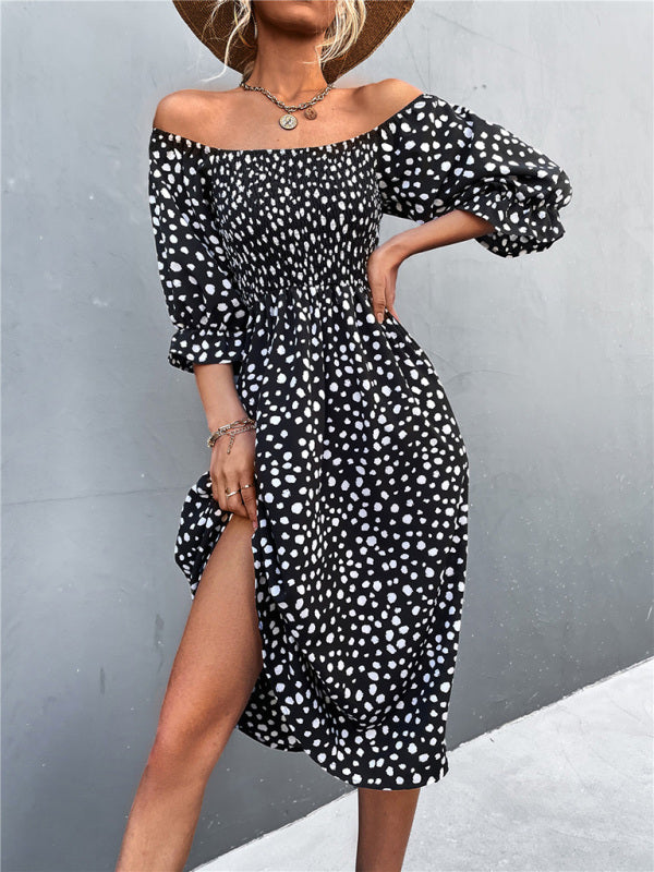 Women's Casual Fashion Square Neck One-Word Neck Two-Wear Retro Leopard Print Dress