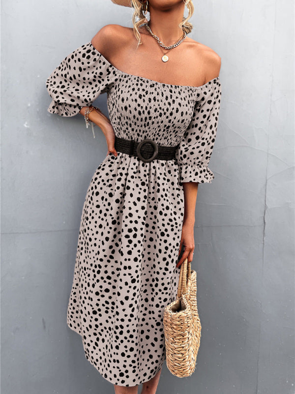 Women's Casual Fashion Square Neck One-Word Neck Two-Wear Retro Leopard Print Dress