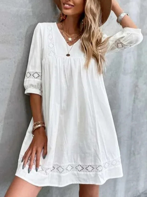 New V-neck simple cotton mid-sleeve casual vacation dress