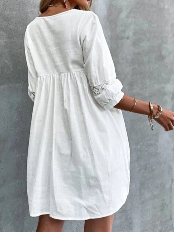 New V-neck simple cotton mid-sleeve casual vacation dress