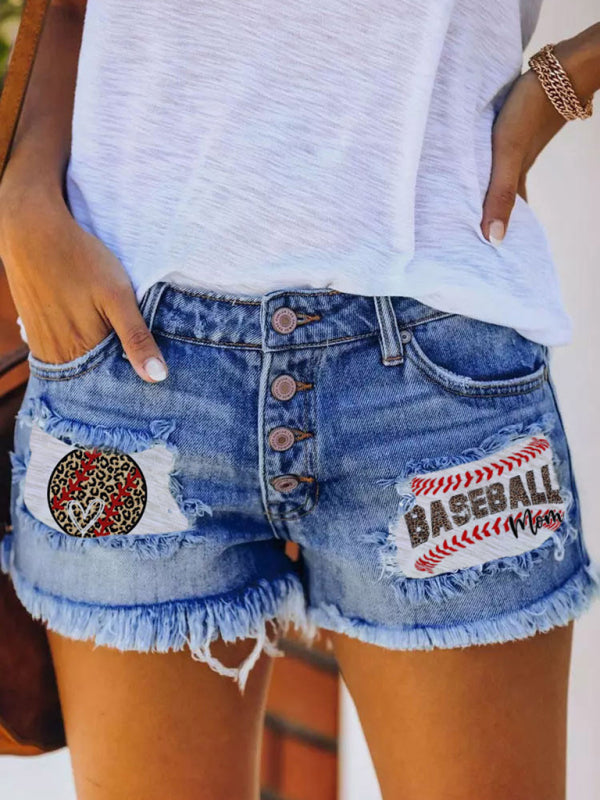 Button-breasted printed patch denim shorts with ripped fringed hot pants