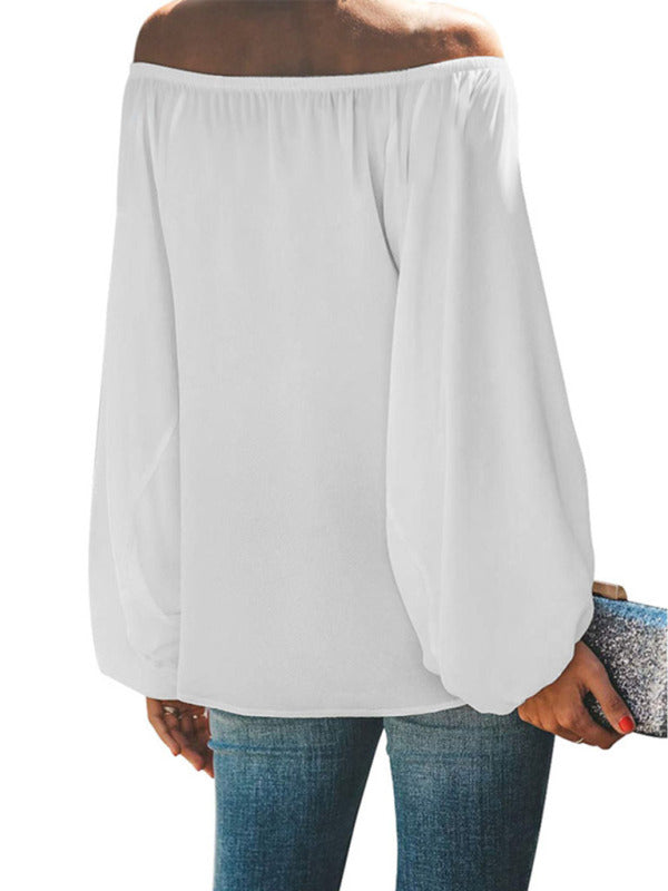 Women's off-shoulder solid color simple lantern sleeve loose long-sleeved top