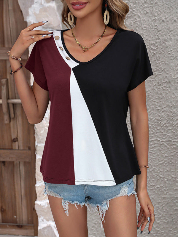Stitching contrast color V-neck loose short-sleeved casual T-shirt top