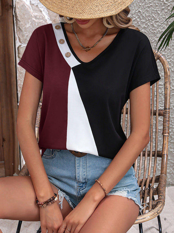 Stitching contrast color V-neck loose short-sleeved casual T-shirt top