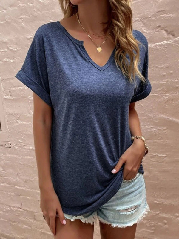 Solid color notched loose neckline loose short-sleeved t-shirt for women
