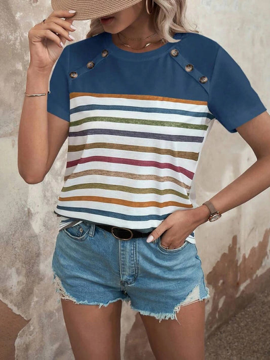 Women's Stripe Print Button Short Sleeve Casual Top