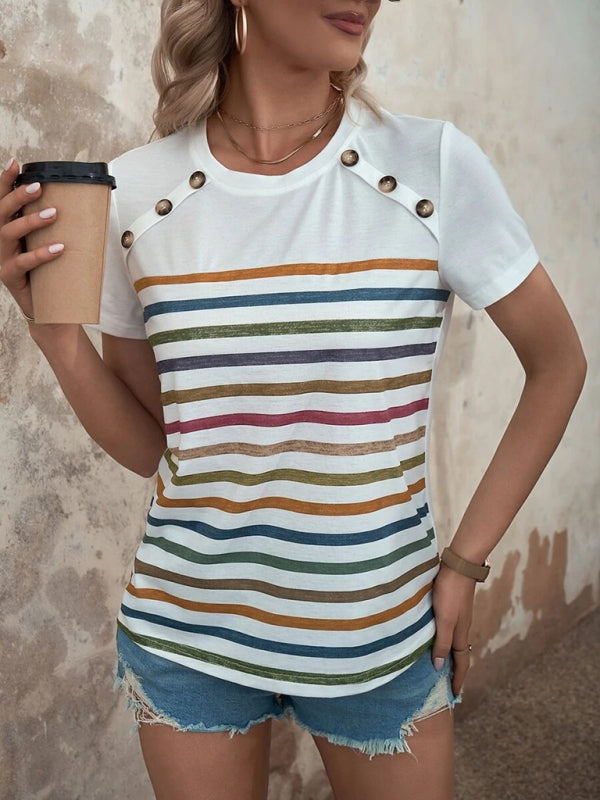 Women's Stripe Print Button Short Sleeve Casual Top