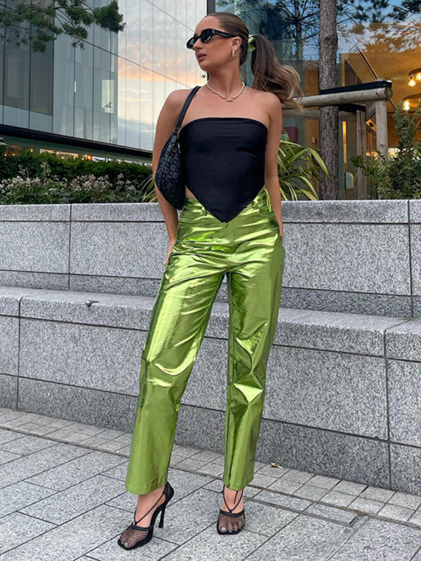 Summer Fashion High Waist PU Leather Pants Women Candy Color Casual Pants