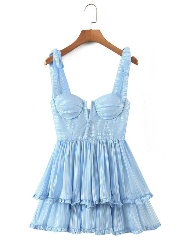 Summer three-color three-layer colorful silk chiffon pleated dress with tie