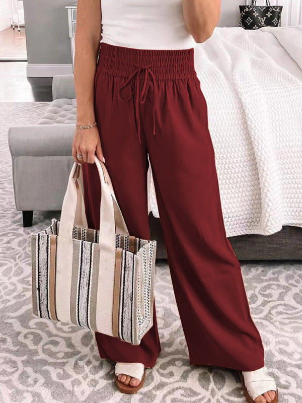 Loose Home Casual Trousers Mid-Waist Solid Color Lace-Up Wide-Leg Pants