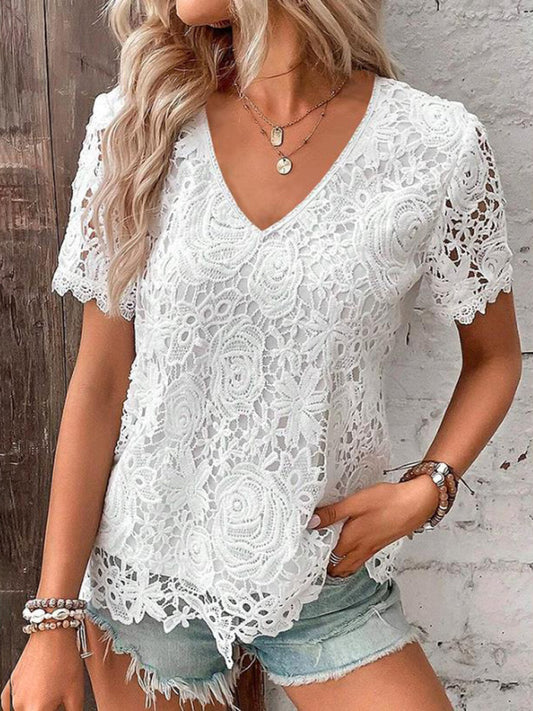 Summer new short-sleeved lace V-neck loose sweet pullover T-shirt