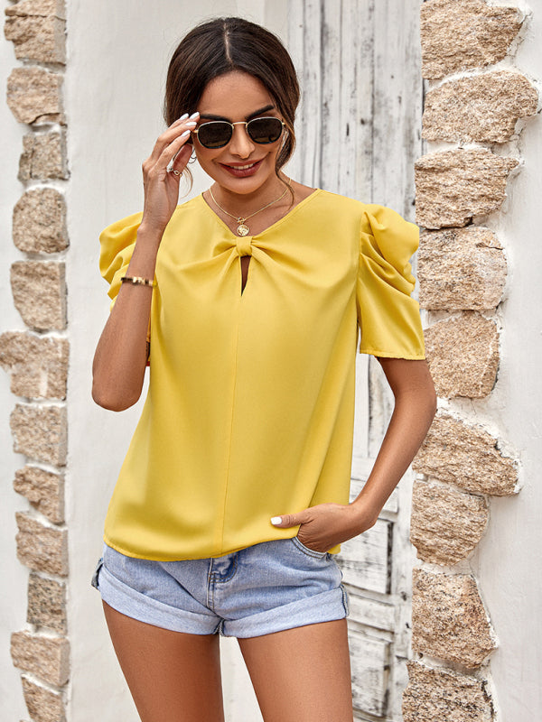 New solid color puff sleeve V-neck slim top