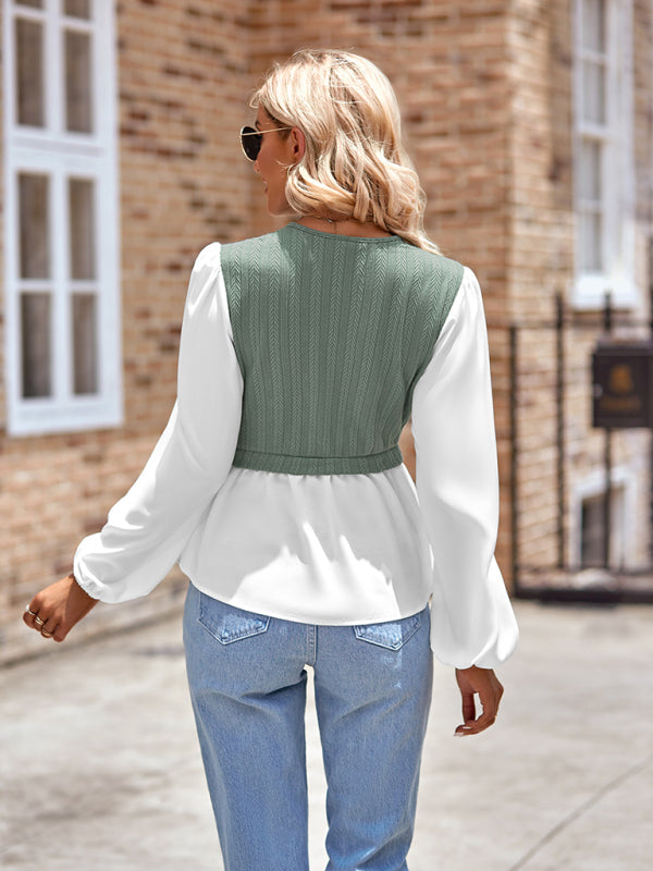 New women's casual solid color V-neck stitching long-sleeved top