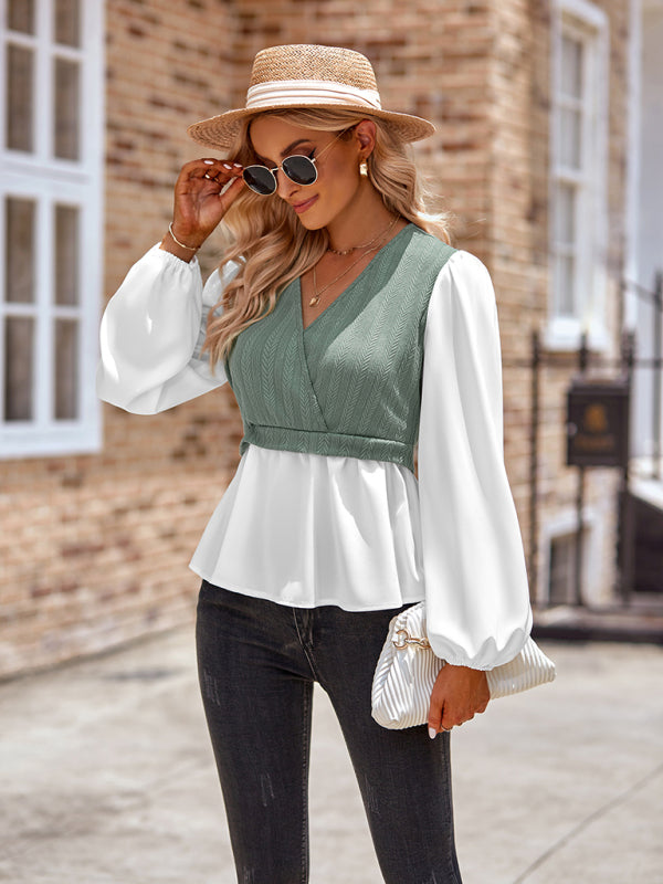 New women's casual solid color V-neck stitching long-sleeved top