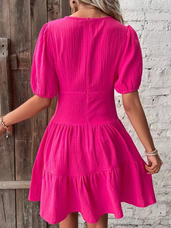 New solid color slim skirt V-neck mid-sleeved dress