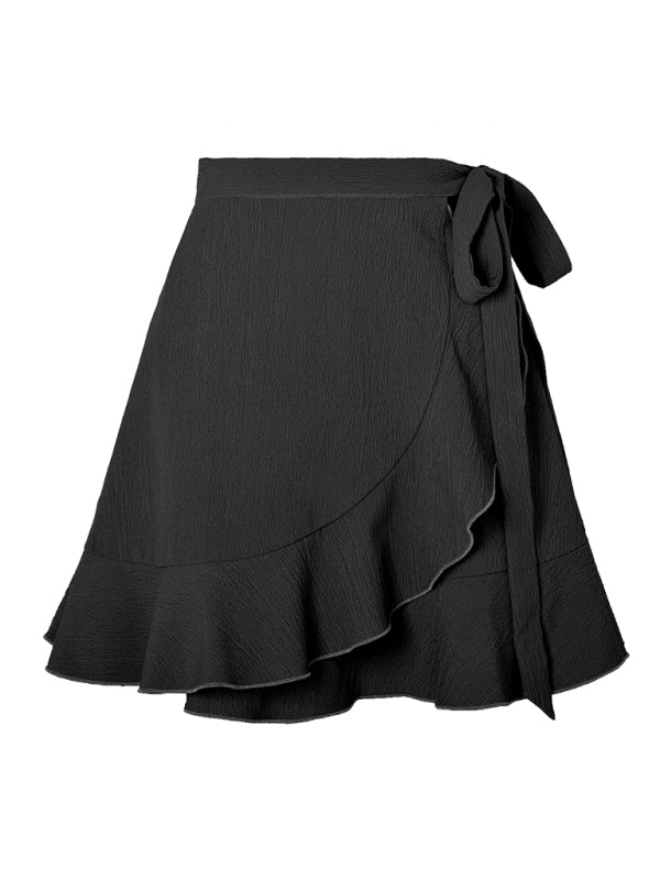 One Piece Tie Skirt High Waist Solid Ruffle Skirt