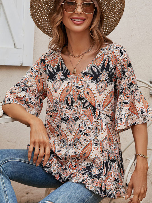 Women's V-Neck Printed T-Shirt Casual Bell Sleeve Top