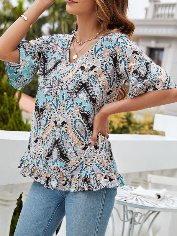 Women's V-Neck Printed T-Shirt Casual Bell Sleeve Top