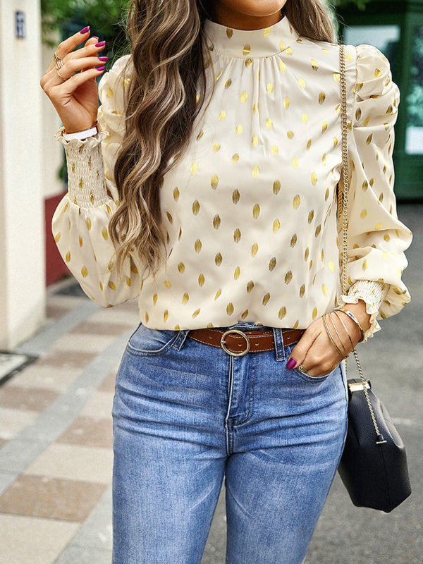 Gold Dot Print Temperament commuting round neck long-sleeved blouse