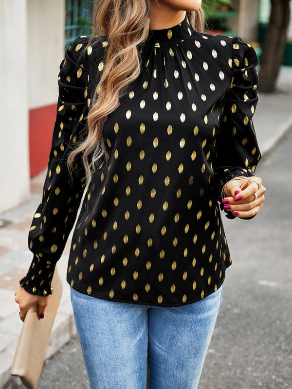 Gold Dot Print Temperament commuting round neck long-sleeved blouse