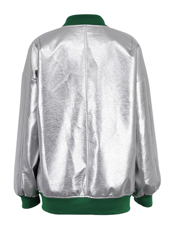 New futuristic reflective baseball uniform women's silver fashionable long-sleeved jacket