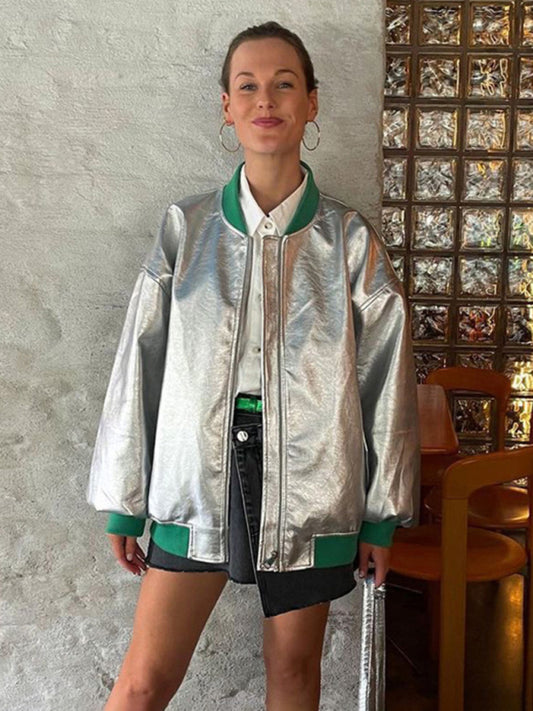 New futuristic reflective baseball uniform women's silver fashionable long-sleeved jacket