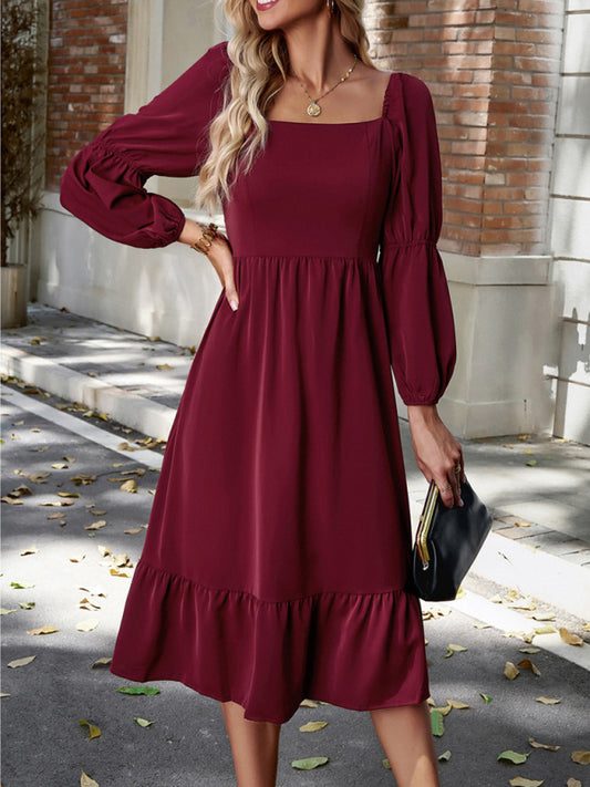 Women's Elegant Solid Color Square Neck Long Sleeve Dress